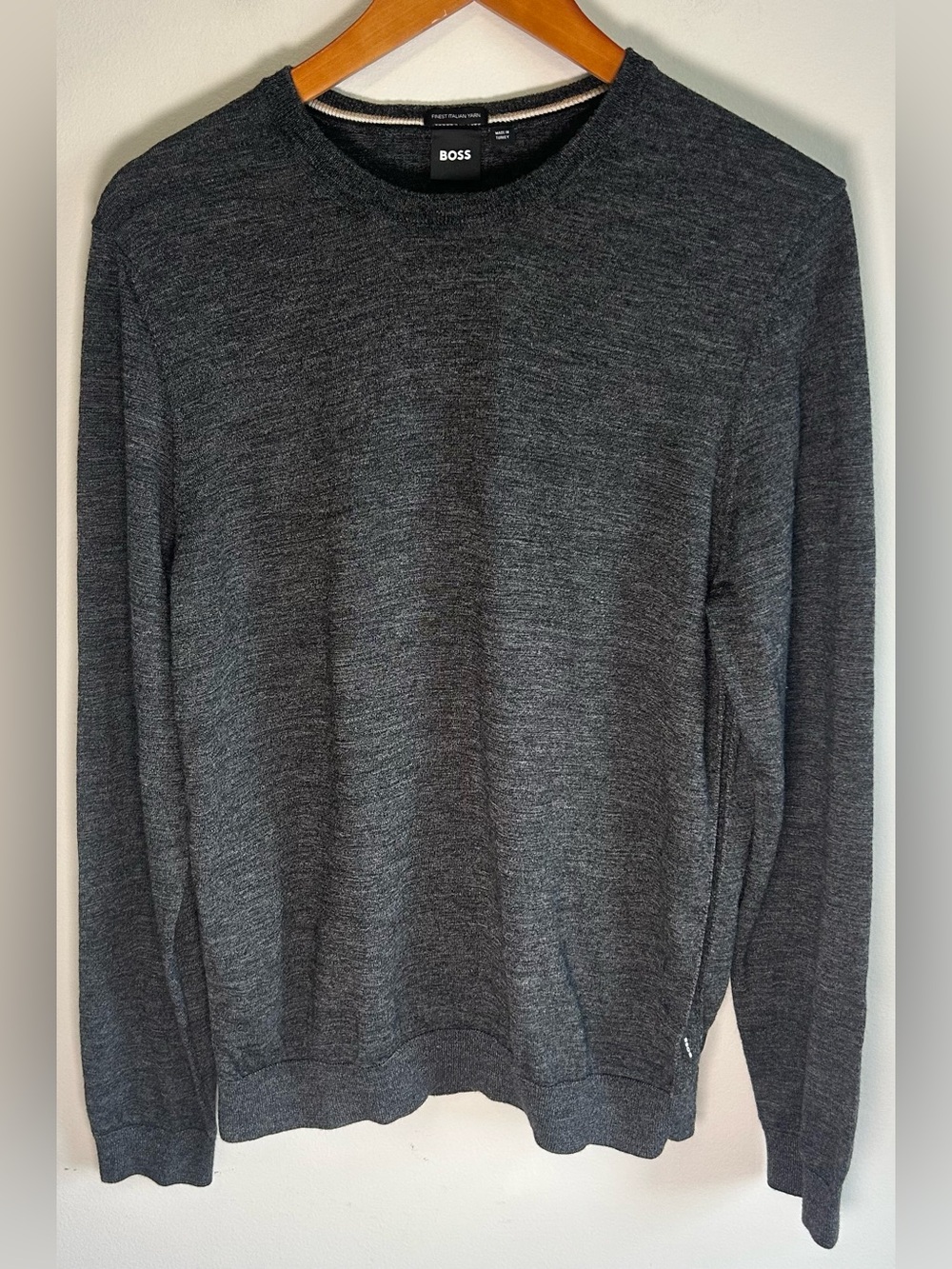 BOSS Hugo Boss Mens Sweater Crewneck Sz L Gray Virgin Wool Italian Yarn Pullover